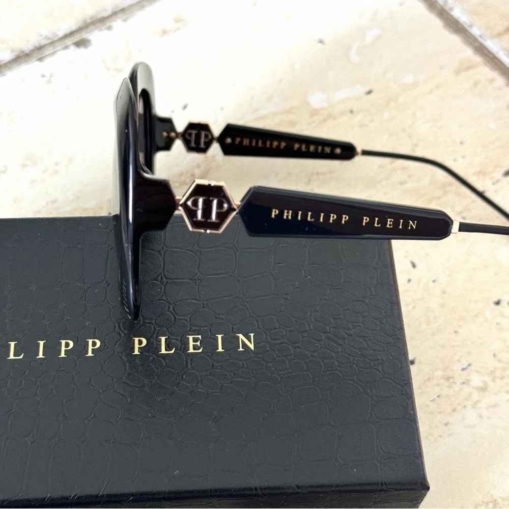 New! Philipp Plein Queen SPP065S Col.0700 Glossy Black Sunglasses, Authentic